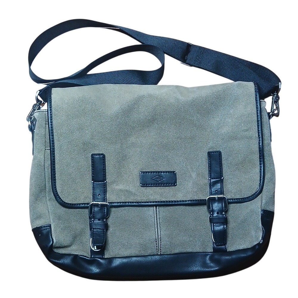 Fossil‎ Messenger Bag Mens Olive Green Canvas Faux Leather Buckle Strap Laptop